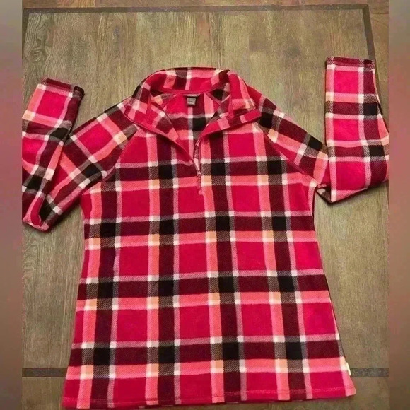 Eddie Bauer Sweaters - Eddie Bauer Sweater Womens Medium Red Pink Plaid Fleece Half Zip Pullover